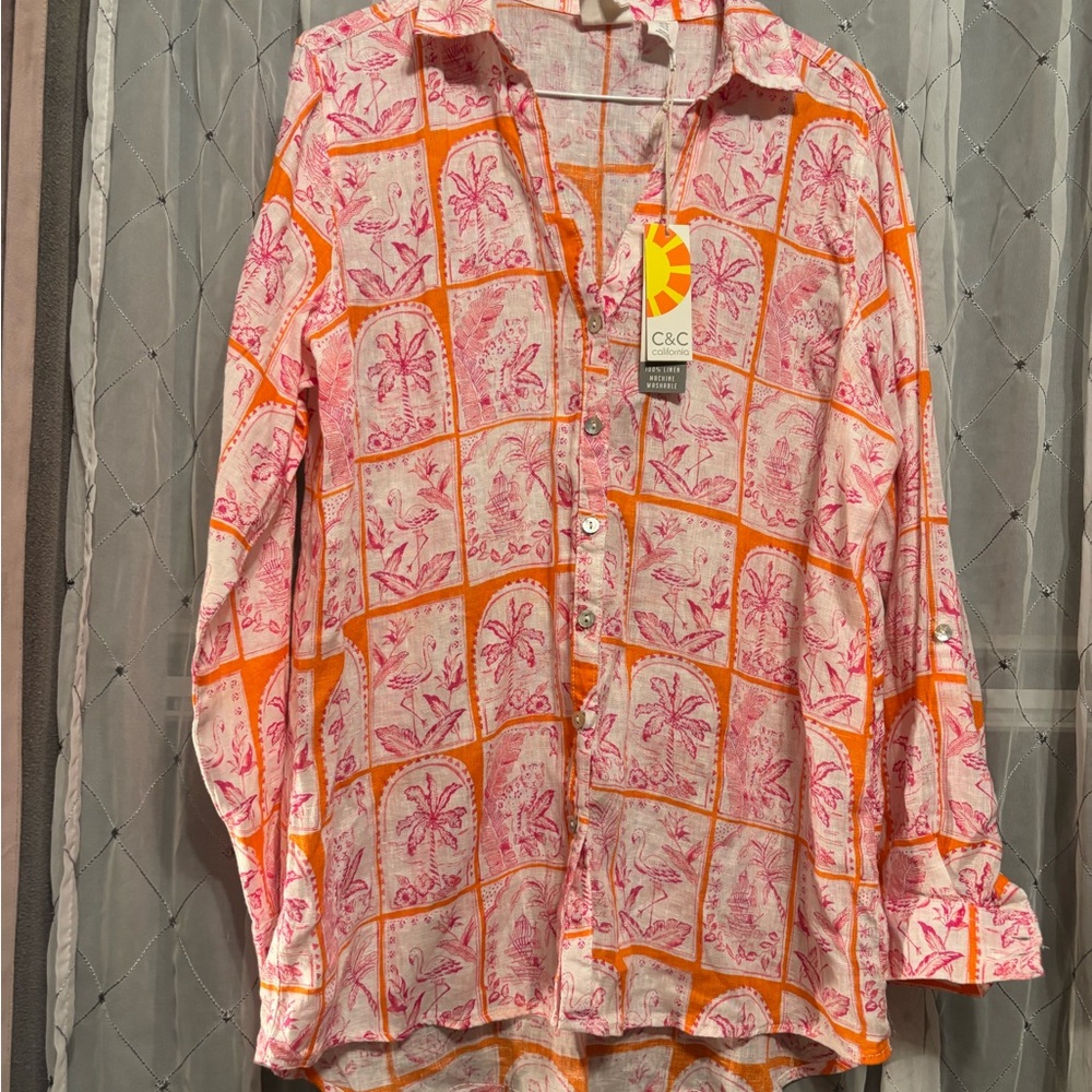 C&C California Pink and Orange Tropical Print Button-Down Shirt